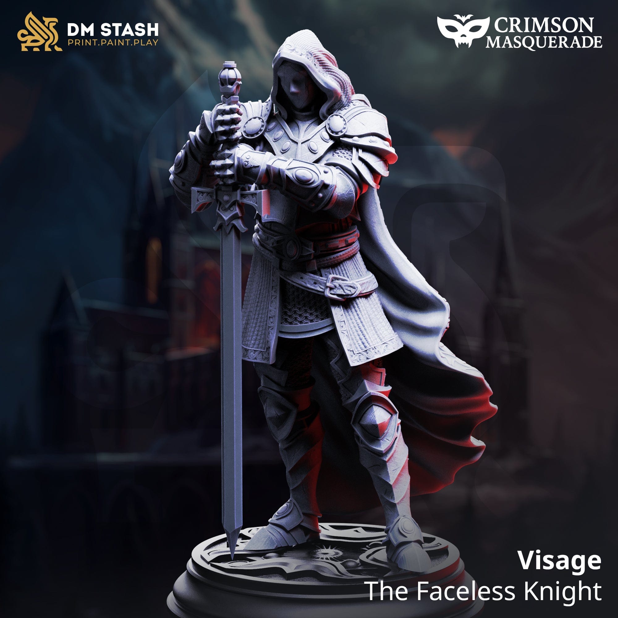Statue of a knight holding a sword with 'DM Stash' and 'Crimson Masquerade' branding.