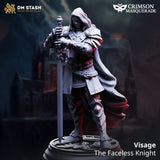 Resin miniature of a hooded faceless knight standing on a circular base holding a broadsword with both hands