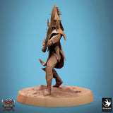 Action pose of the Velatrix miniature holding a weapon ready for combat, side perspective.