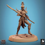 Side profile of the Velatrix miniature focusing on the tall helmet spike and flowing armor design.