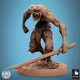 Ghoul warrior with skull-adorned armor and spikes, holding a sword, angled view.
