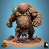 Rear view of a hulking Gutspawn creature showing a smooth, bulbous head, chains, and a skull-strewn base.
