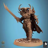 Armored horned warrior holding a long curved blade over its shoulder.