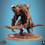 Blight Troll tabletop figure holding a large wooden spear, showcasing cybernetic back details and rugged texture.
