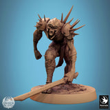 Ghoul warrior with skull decorations on his armor, holding a sword, side view.