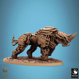 Warrior with large axe riding mechanical rhino.