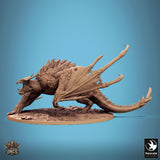 Side view of the wyvern miniature with its mouth open, showcasing textured skin and wing details.