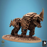 Warrior raising axe while riding mechanical rhino.