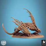 Low angle side view of the creature, emphasizing the sharp claws and skeletal wing design.