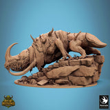 Back right view of the detailed resin Mawcoil creature on a stone step base