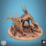 High angle view of the skeletal dragon wyvern miniature, highlighting the wingspan and graveyard base.