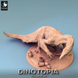 Detailed close-up of Therizinosaurus head and neck, focusing on feathers and bridle.