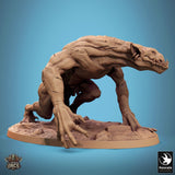 Side profile of a prowling, muscular fantasy troll miniature showcasing detailed skin texture.