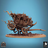 Side profile of a spectral carriage miniature supported by tentacle-like tendrils on a rocky oval base.