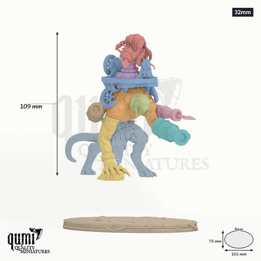 Creature the Ratstroyer Tabletop Miniatures - colour-coded parts render, 109 mm tall, 11 body parts, 102 x 75 mm oval base