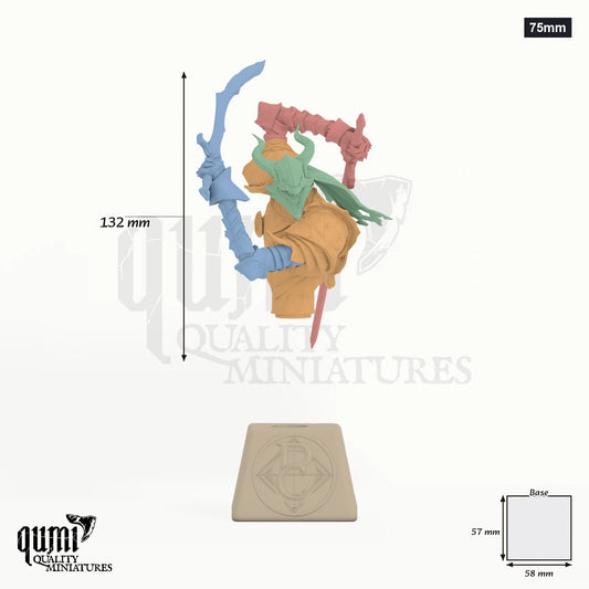 The Sorrow of Terrimor Miniature Bust 75mm - colour-coded parts render, 132 mm tall, 4 body parts, 58 x 57 mm square base