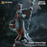 Violet Moonridge – Tiefling Lunar Priestess: tiefling lunar priestess tabletop miniature, designer preview from DM Stash's 'Shadow over Westlook' release, 3D-printed in resin by Qumi