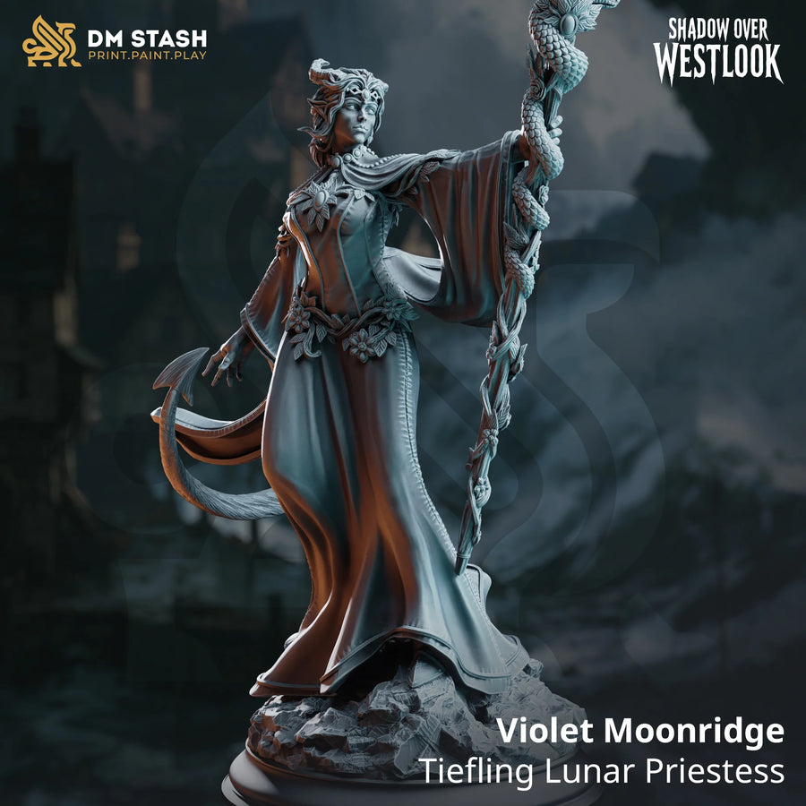 Violet Moonridge – Tiefling Lunar Priestess: tiefling lunar priestess tabletop miniature, designer preview from DM Stash's 'Shadow over Westlook' release, 3D-printed in resin by Qumi