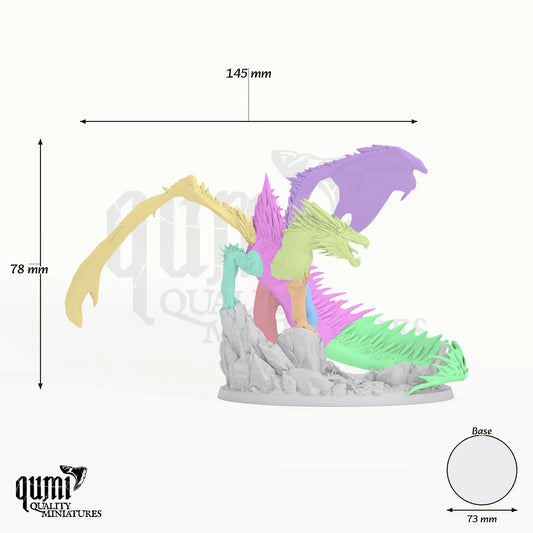 Topaz Adult Dragon Tabletop Miniature dragon miniature - assembly overview with colour-coded parts and measurements
