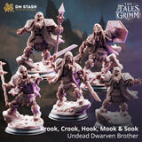 The Undead Dwarven Brothers – Brook, Crook, Hook, Mook & Sook: undead dwarf tabletop miniature, designer preview from DM Stash's 'The Tales Grimm' release, 3D-printed in resin by Qumi