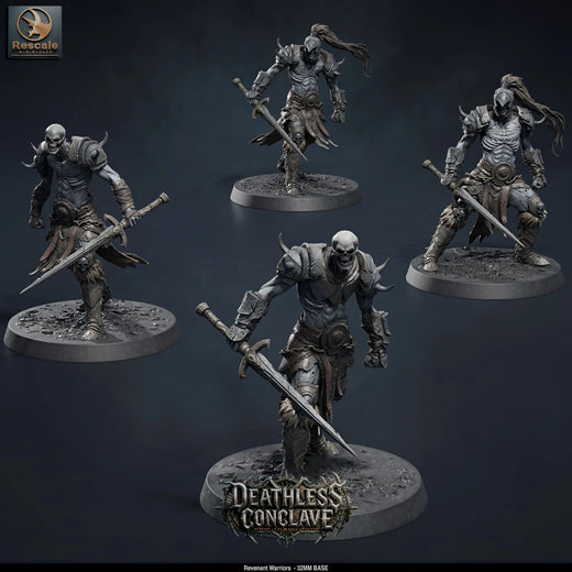 Revenant Warriors – Undead Infantry: undead warrior tabletop miniature, designer preview from Rescale Miniatures's 'Oktober 2026' release, 3D-printed in resin by Qumi