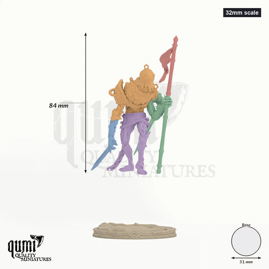 Chainbound Exemplar 32mm scale - colour-coded parts render, 84 mm tall, 5 body parts, 50 mm round base