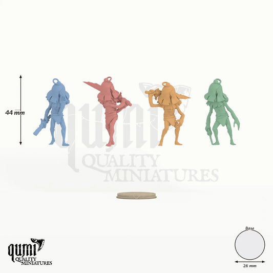 Warrior Knellkins Tabletop Miniatures - colour-coded parts render, 44 mm tall, 4 body parts, 26 mm round base