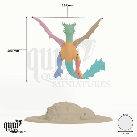 Young Water Dragon Tabletop Miniature dragon miniature - assembly overview with colour-coded parts and measurements