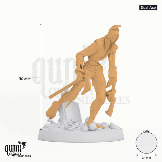 Zombies Tabletop-Miniatur (Dual Axe) - 30 mm hoch, 24 mm Base, 1 Körperteil + 1 Base - Rescale Miniatures 3D-Druck von Qumi