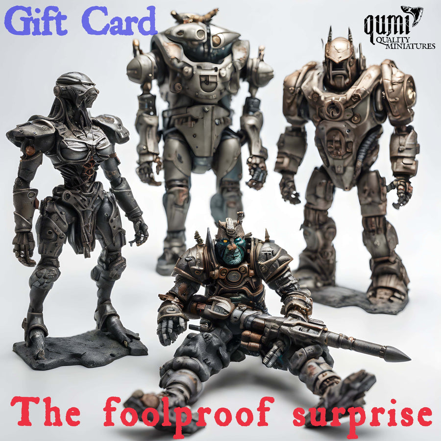 Qumi Geschenkgutschein-Grafik vor einer Auswahl an 3D-gedruckten Sci-Fi-Roboter- und Rüstungs-Miniaturen.