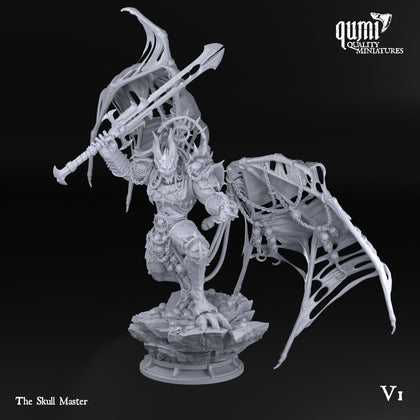 Side profile view of the Skull Master demon lord resin miniature holding a large sword.